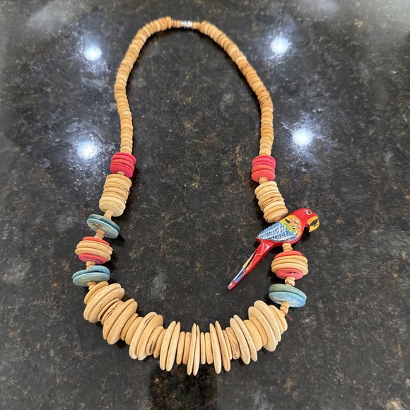VTG Wood Bead Parrots Necklace Painted Tropical Bird Boho Tiki Statement 16" - Picture 1 of 9